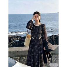 批发实拍～法式温柔气质波点长袖圆领重工<b class='q'>钉珠</b>收腰<b class='q'>连衣裙</b>