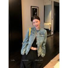 批发美式重工水洗做旧蓝色<b class='q'>牛仔</b>外套女秋季小个子高级感轻薄夹克上衣潮