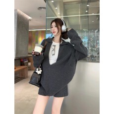 批发韩系休闲套<b class='q'>装</b>灰色毛衣针织外套气质长袖女秋季高腰针织短<b class='q'>裤</b>两件套