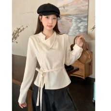 批发高级感正肩长袖<b class='q'>衬衫</b>女秋冬胖mm绑带收腰<b class='q'>气质</b>独特上衣
