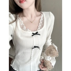 批发赫丽日记小香千金风长袖T恤女春季新款修身<b class='q'>甜美</b>气质蕾丝边打底衫