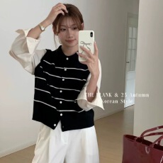 批发2026年新款春夏韩系假两件<b class='q'>条纹</b>拼接衬衣袖百搭时尚针织开衫女