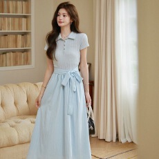 批发超仙爆款小个子女夏季气质设计感独特漂亮<b class='q'>连衣裙</b>蓝色大方短袖裙子