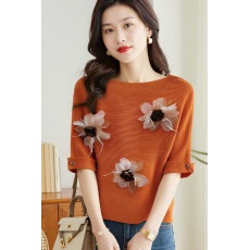 批发2026年春夏韩版纯欲风一字肩立体花横条纹理<b class='q'>蝙蝠</b>袖冰爽丝针织上衣