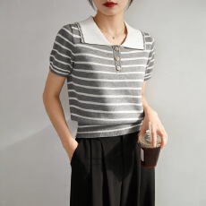 批发学院风<b class='q'>条纹</b>polo领针织短袖女2026夏季打底衫修身显瘦甜美减龄上衣