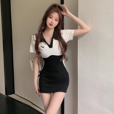 批发2026年<b class='q'>夏季</b>新款气质短袖黑白拼色包臀连衣裙<b class='q'>工作服</b>显瘦夜场服装女