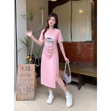 批发夏季女装茶里茶气长裙时尚百搭遮肉显瘦字母印花Polo领开叉连衣裙