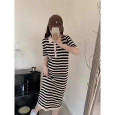 批发2026年新款polo领针织条纹显瘦连衣裙韩版女中长裙慵懒宽松裙子