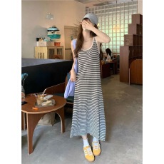 批发针织条纹吊带连衣裙女夏装新款慵懒宽松甜美风内搭长裙无袖背心裙