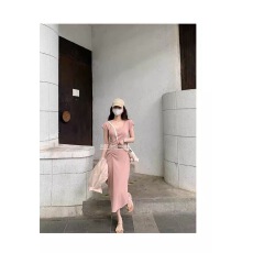 批发法式小飞袖薄款针织连衣裙女夏季新款褶皱收腰显瘦开叉长款裙子潮