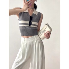 批发冰丝无袖韩版<b class='q'>上衣</b>女薄款条纹拼色外穿森系内搭Polo衫<b class='q'>打底</b>背心百搭