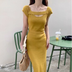 批发设计感一字领针织连衣裙女2026夏季新款修身显瘦洋气包臀开叉长裙