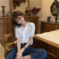 批发法式短款上衣针织<b class='q'>开衫</b>女薄款纯白色polo领<b class='q'>镂空</b>设计感修身百搭清纯