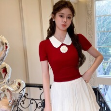 批发韩系少女感娃娃领气质显白显瘦短袖正肩<b class='q'>T</b><b class='q'>恤</b>撞色<b class='q'>山茶花</b>上衣