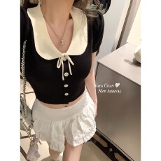 批发已到货 纯欲甜妹<b class='q'>娃娃领</b>泡泡袖针织衫女夏季新款短款修身短袖上衣