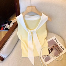 已到货海军领系带针织背心女夏季修身显瘦别致甜辣风无袖小上衣