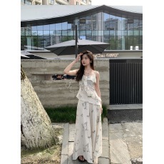 批发水墨印花荷叶边吊带背心女夏季新款显瘦高腰半身裙<b class='q'>时尚</b>套装潮