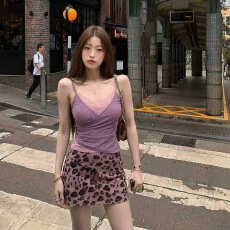 已到货纯欲风紫色蕾丝拼接吊带短裙女夏季收腰背心上衣豹纹两件套