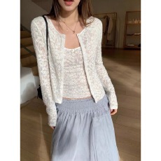 批发已到货 时尚设计新款蝴蝶结吊带背心两件套修身<b class='q'>蕾丝</b>开衫上衣女