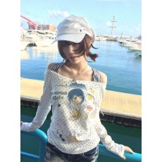 批发已到货 美式波点印花一字露肩长袖<b class='q'>t</b><b class='q'>恤</b>女春新款上衣女