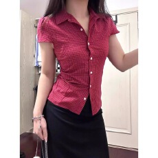 批发已到货 原版做法翻领飞飞袖条纹短袖<b class='q'>衬衫</b>收腰<b class='q'>上衣</b>女