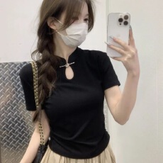 批发已到货 白色镂空<b class='q'>立领</b>正肩短袖t恤女夏季新款收腰修身显瘦上衣