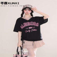 已到货 美式字母印花假两件短袖T恤夏季设计感宽松甜辣半袖上衣