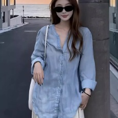 批发已到货松弛感蓝色亚麻防晒衬衫女夏轻薄穿搭休闲复古衬衣苎麻<b class='q'>上衣</b>