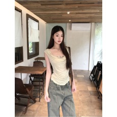 原版做法正肩t恤新款爆款夏法式荡领高级小众不撞款无袖上衣