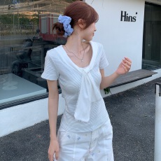 已到货 韩系假两件正肩短袖t恤女夏季温柔修身显瘦披肩上衣