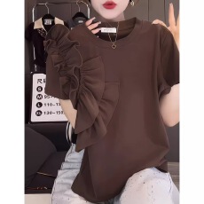 已到货 设计感荷叶边拼接圆领短袖T恤女春夏新款时尚百搭休闲上衣