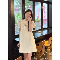 批发新中式立领短袖连衣裙女气质显瘦夏季中国风<b class='q'>旗袍</b>改良中长裙子