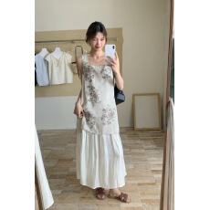 批发设计感印花拼接无袖<b class='q'>背心</b>连衣裙女夏复古气质宽松显瘦独特漂亮裙