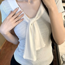 韩系假两件条纹正肩短袖t恤女夏季小个子温柔修身显瘦超好看上衣