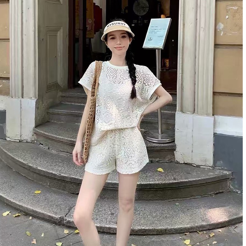 RY7776# 洋气夏季新款韩版宽松时尚镂空蕾丝短袖休闲套装女