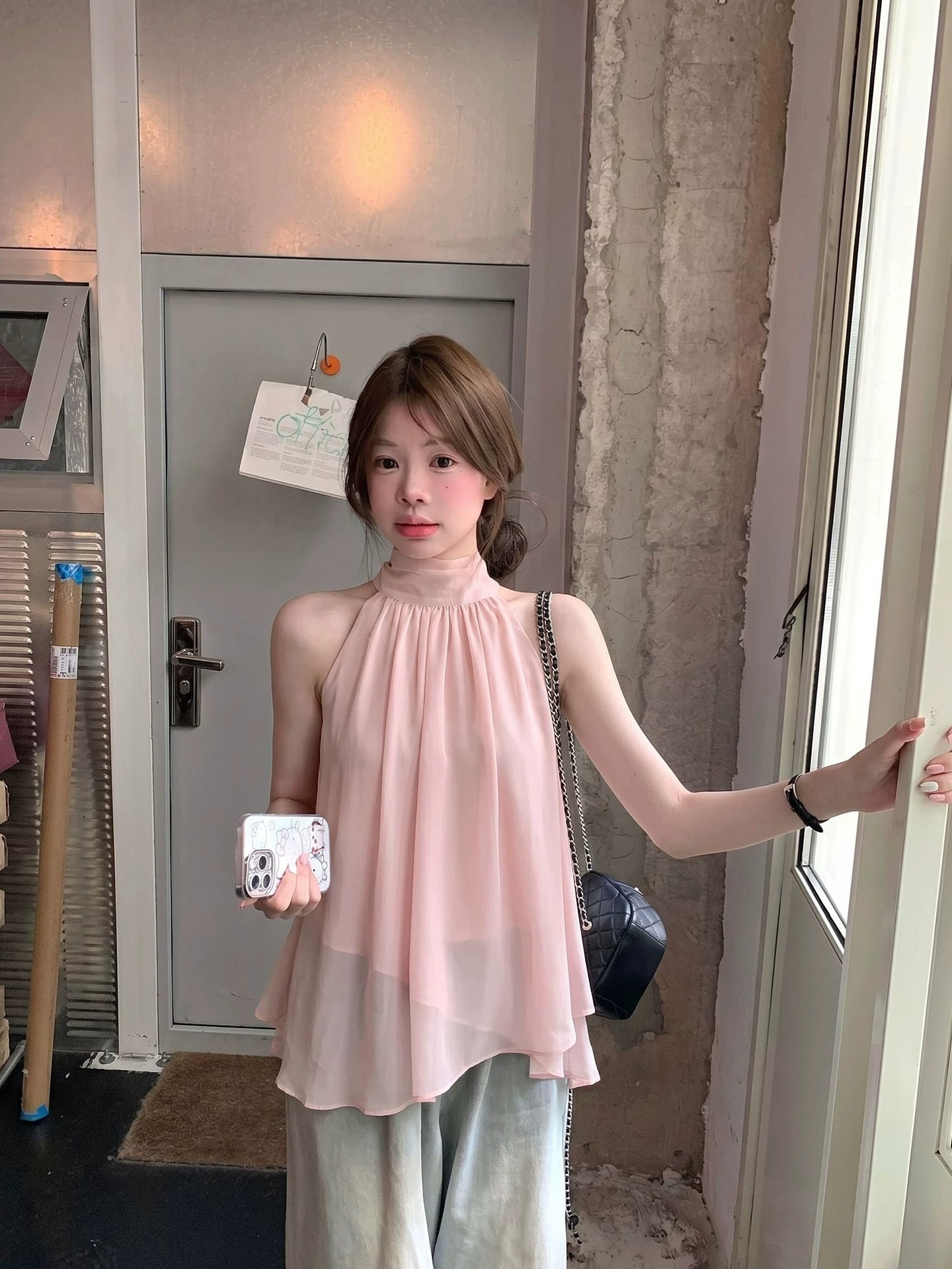 RY7767# 韩系学院风休闲短袖上衣女夏季设计感白色斜领波点衬衫