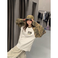 批发插肩袖豹纹休闲圆领长袖t恤女美式<b class='q'>街头</b>风个性撞色宽松慵懒风上衣