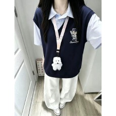 批发美式假两件潮流痞帅卡通刺绣翻领POLO衫短袖女<b class='q'>嘻哈</b>宽松舒适上衣潮