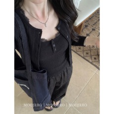 轻熟淡人高知知性穿搭一整套女秋冬黑色开衫蕾丝吊带上衣两件套装