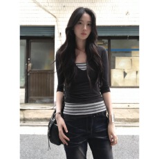 批发韩系黑色设计通勤条纹拼接假两件<b class='q'>中袖</b>T恤女秋季新款修身显瘦上衣