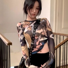 批发设计薄款网纱防晒卡通美少女印花打底衫T恤修身<b class='q'>长袖</b>感小众上衣女