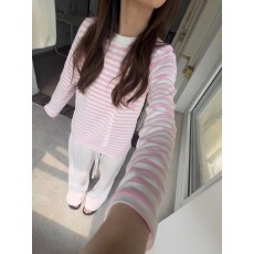 批发韩系慵懒风粉色条纹<b class='q'>长袖</b>T恤女春秋新款修身显瘦防晒罩衫上衣