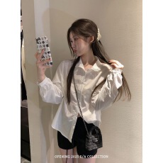 批发春秋新款花边翻领纯色宽松拼接<b class='q'>娃娃领</b>长袖<b class='q'>衬衫</b>女韩系百搭上衣外套