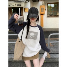 批发韩系撞色<b class='q'>防晒</b>长袖t恤女早秋新款薄款慵懒风宽松空调罩衫百搭上衣