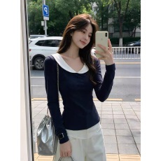 批发爆款<b class='q'>娃娃领</b>拼色修身内搭<b class='q'>t</b><b class='q'>恤</b>女秋季新款百搭可爱风修身长袖ins上衣