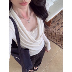 批发简约风荡领假两件<b class='q'>蕾丝</b>拼接套头小衫女秋新款辣妹修身白色长袖上衣