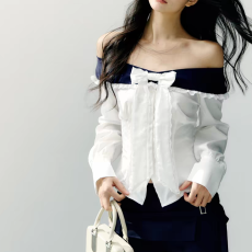 批发蝴蝶结拼接一字肩长袖显瘦衬衫新款假两件上衣