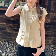 批发复古Y2K甜美娃娃领短袖<b class='q'>衬衫</b>女春夏甜辣风褶皱收腰显瘦上衣