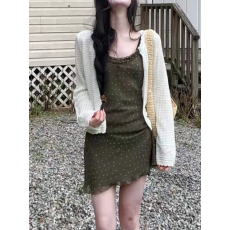 批发法式复古波点双层蕾丝花边绿色背心吊带<b class='q'>连衣裙</b>