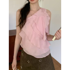 批发不规则单肩荷叶边斜肩吊带背心女春<b class='q'>夏</b>设计感无袖上衣